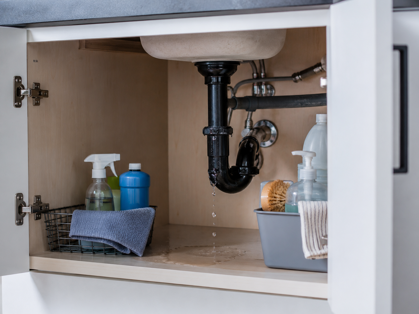 Leaking Under-Sink Cabinet with Cleaning Supplies